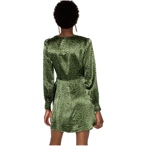 Reformation Kenna Green Silk Leopard Wrap Mini Dress M Long Sleeve Party EUC - Picture 3 of 8